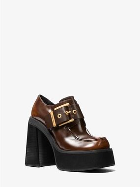 Michael Kors Brown Leather Platform Loafer with Gold Buckle